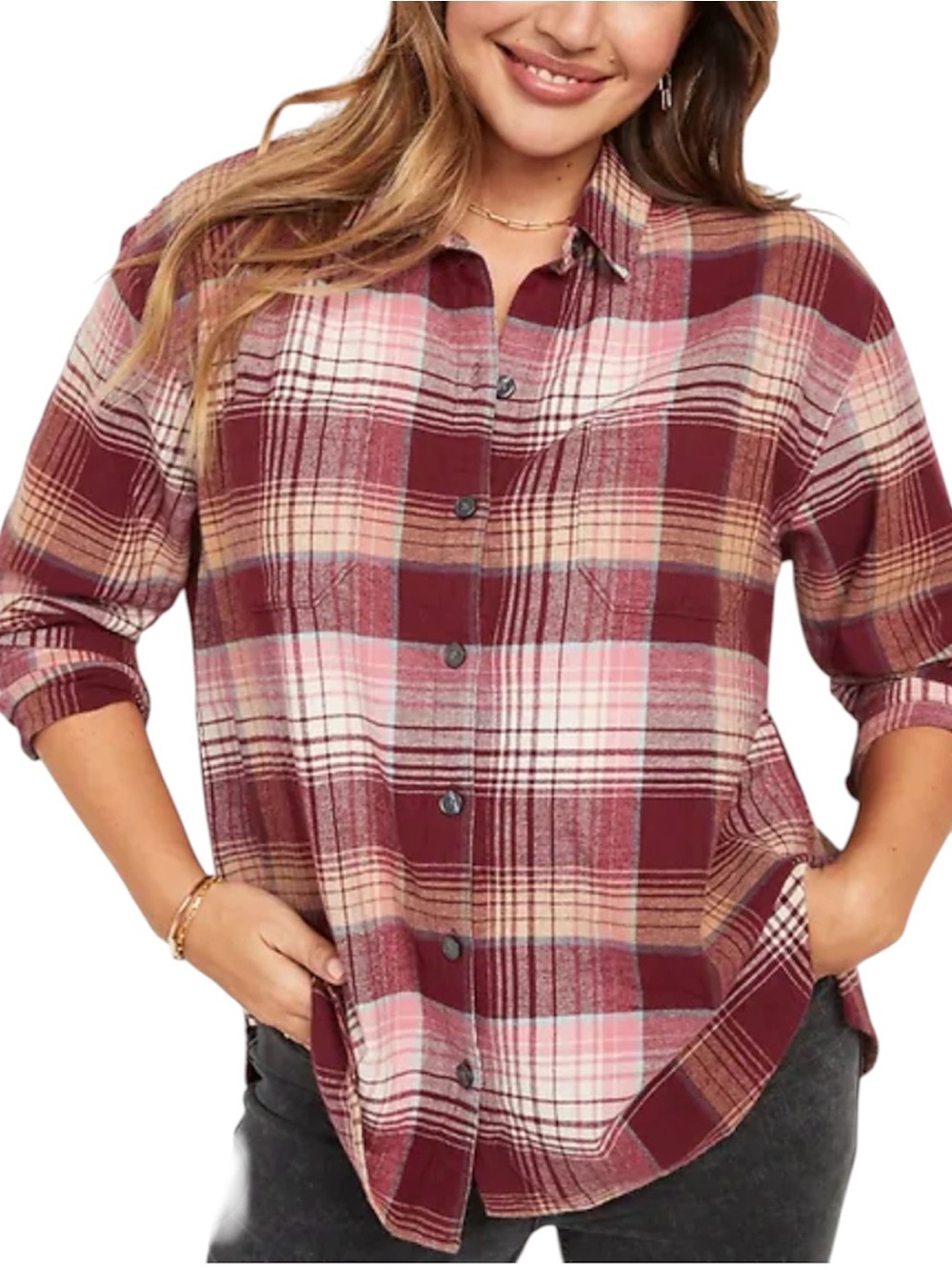 Old Navy Women’s Plaid Flannel Long Sleeve Button Down Boyfriend Shirt